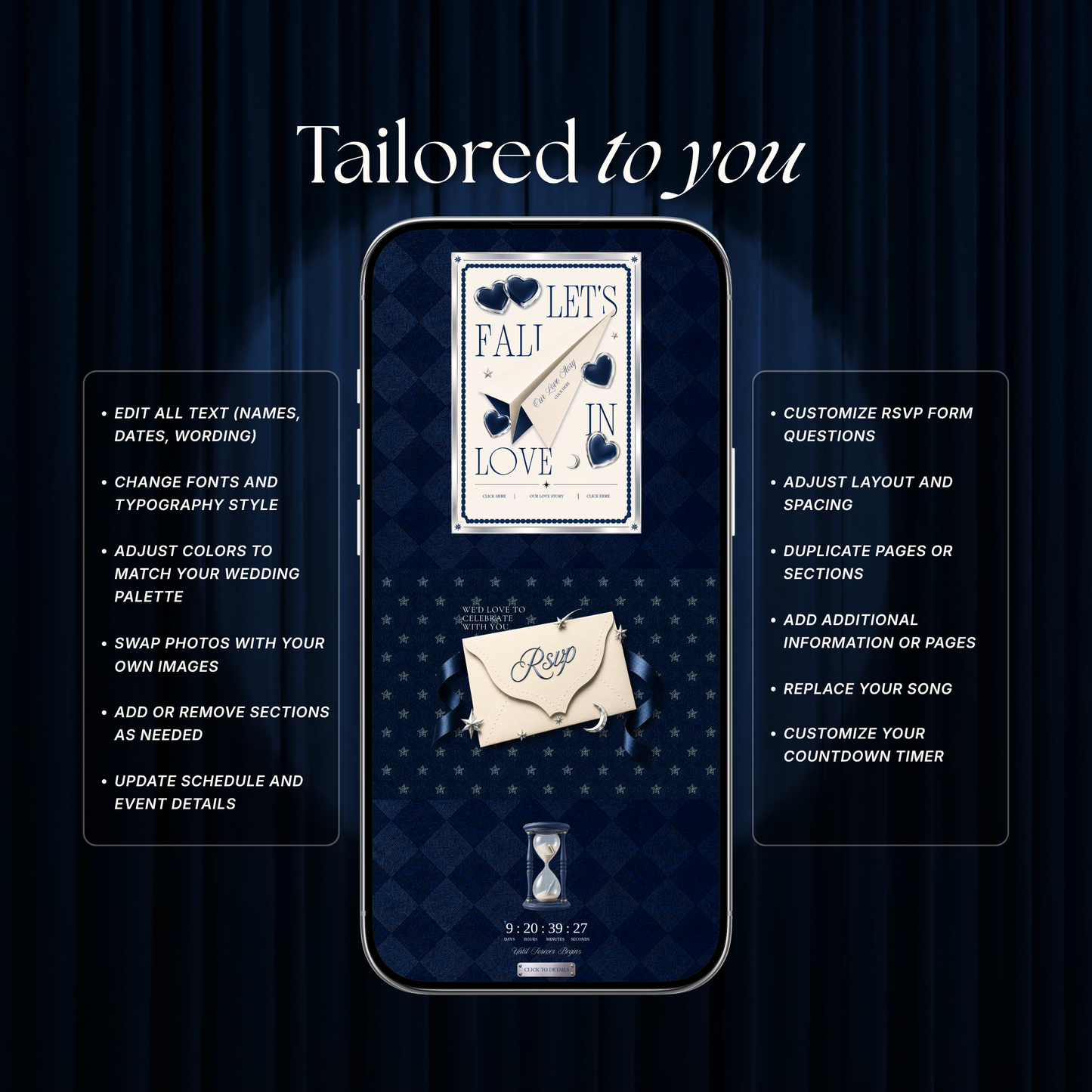 Navy Blue Photo Booth Wedding Website Template | Modern Wedding Invitation with RSVP, Music and Countdown Timer | Instant Download