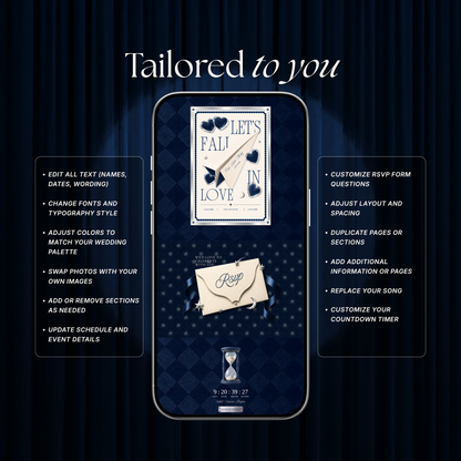 Navy Blue Photo Booth Wedding Website Template | Modern Wedding Invitation with RSVP, Music and Countdown Timer | Instant Download