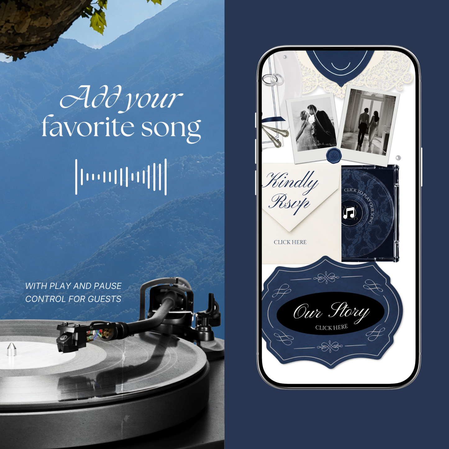 Navy & Dusty Blue Wedding Website Template with RSVP, Music and Countdown Timer: Digital Editable Canva Website (Digital Download)