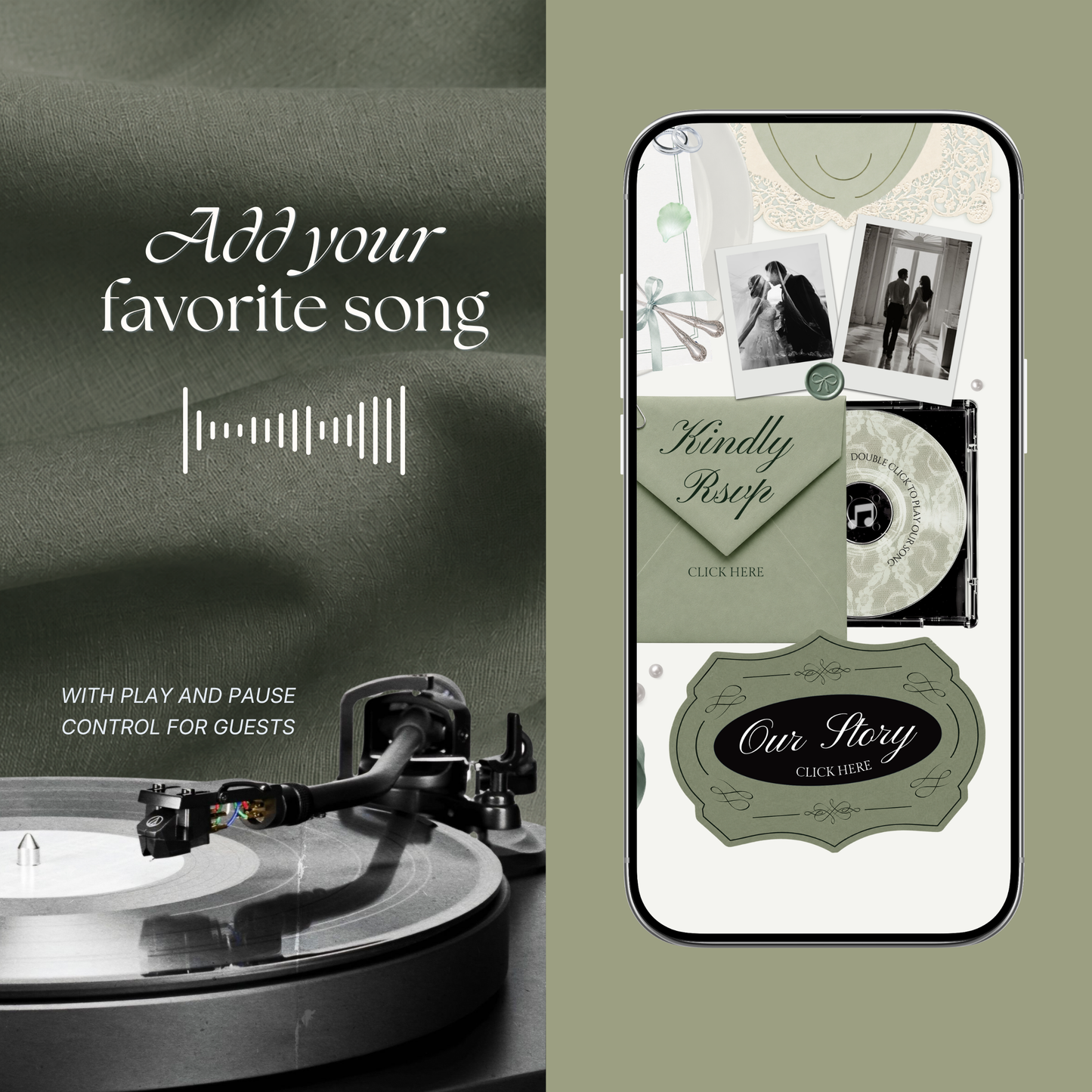 White & Sage Green Classic Wedding Website Template with RSVP, Music and Countdown Timer: Editable Canva Website (Digital Download)