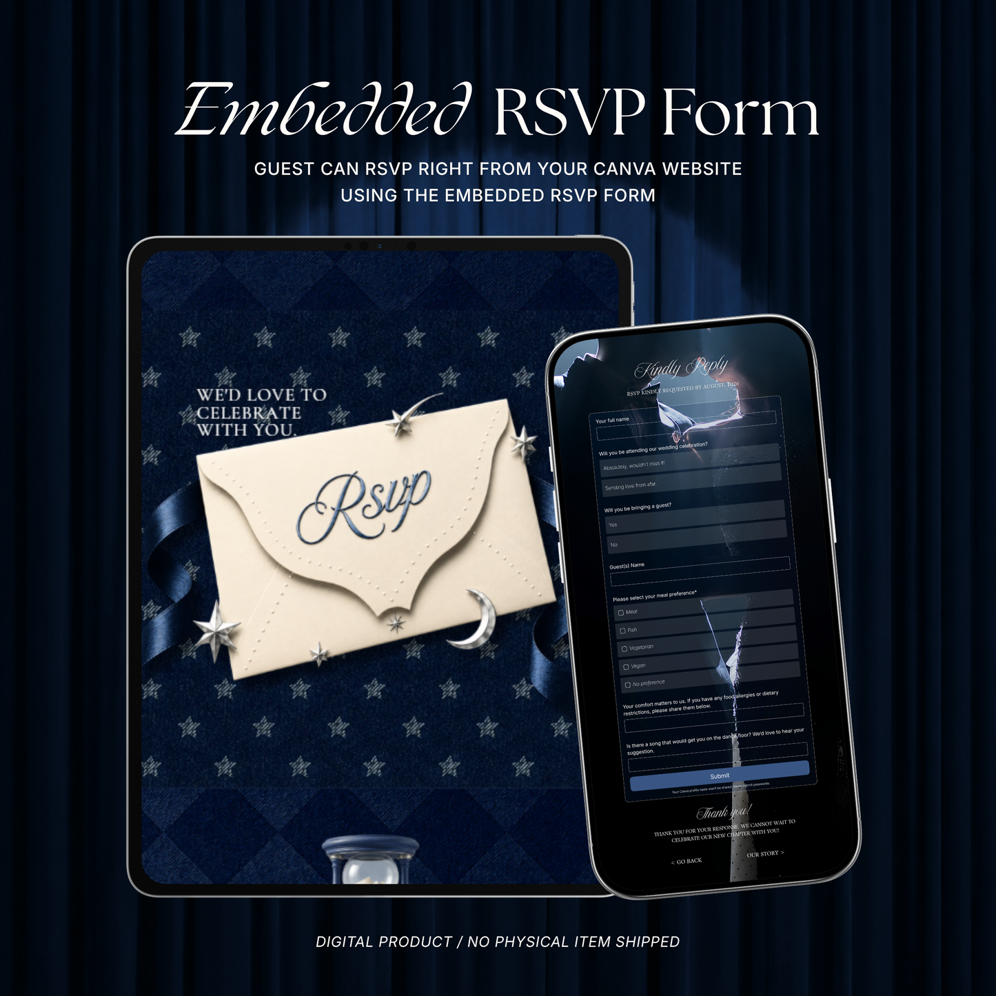 Navy Blue Photo Booth Wedding Website Template | Modern Wedding Invitation with RSVP, Music and Countdown Timer | Instant Download