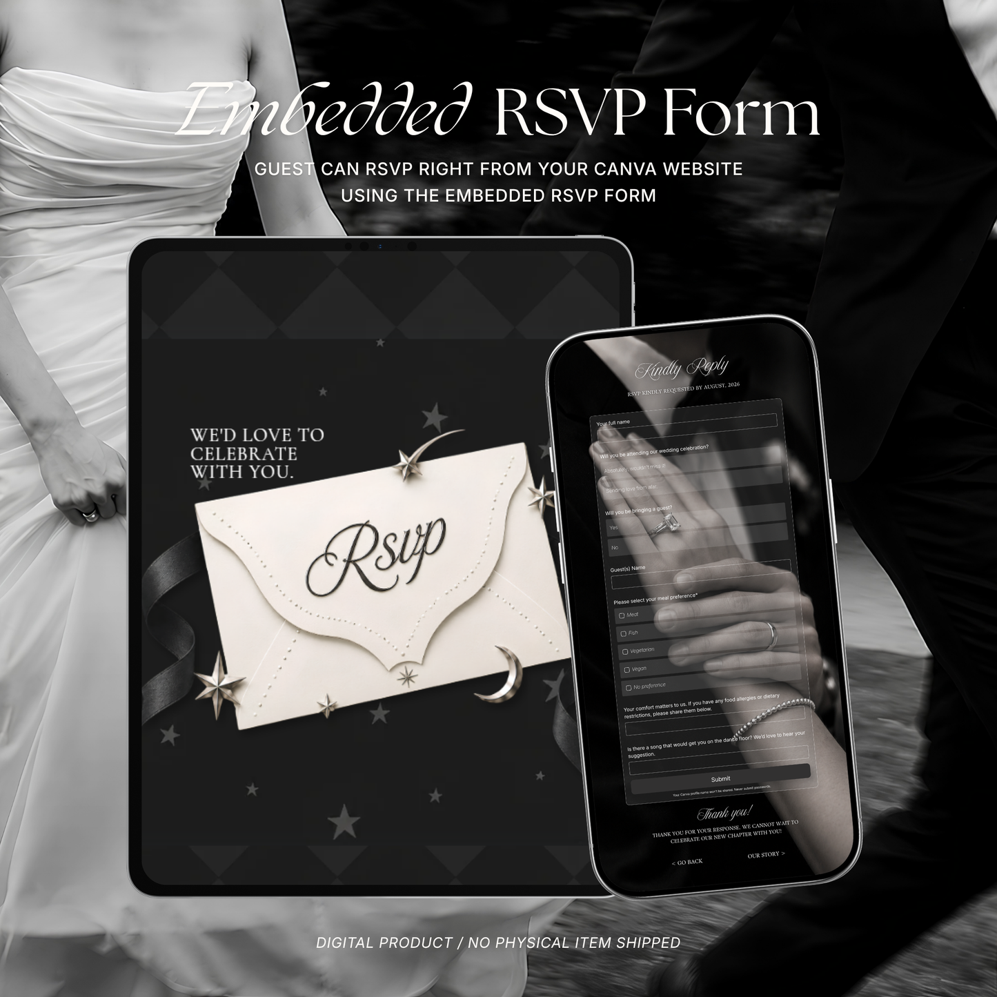 Black Photo Booth Wedding Website Template | Modern Wedding Invitation with RSVP, Music and Countdown Timer | Instant Download
