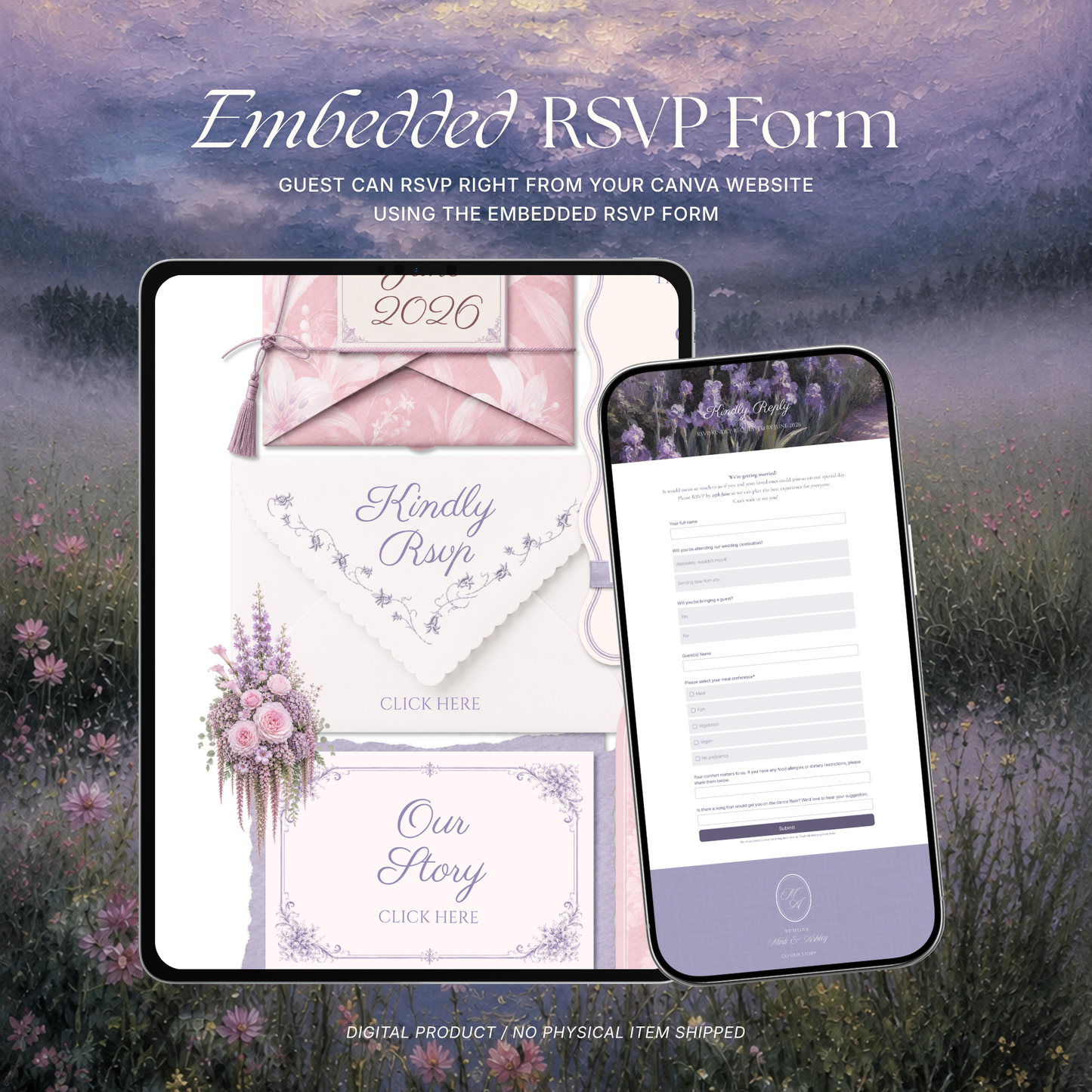 Pink Lilac Pastel Floral Wedding Website Template Canva | Wedding Invitation with RSVP, Music and Countdown Timer | Instant Download