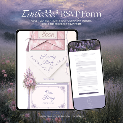 Pink Lilac Pastel Floral Wedding Website Template Canva | Wedding Invitation with RSVP, Music and Countdown Timer | Instant Download