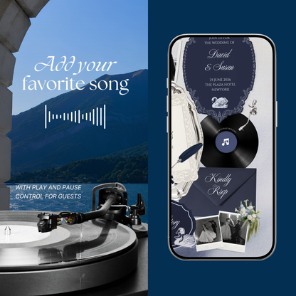 Navy & Dusty Blue Wedding Website Template with RSVP, Music and Countdown : Floral Classic Envelope Digital Invitation (Digital Download)