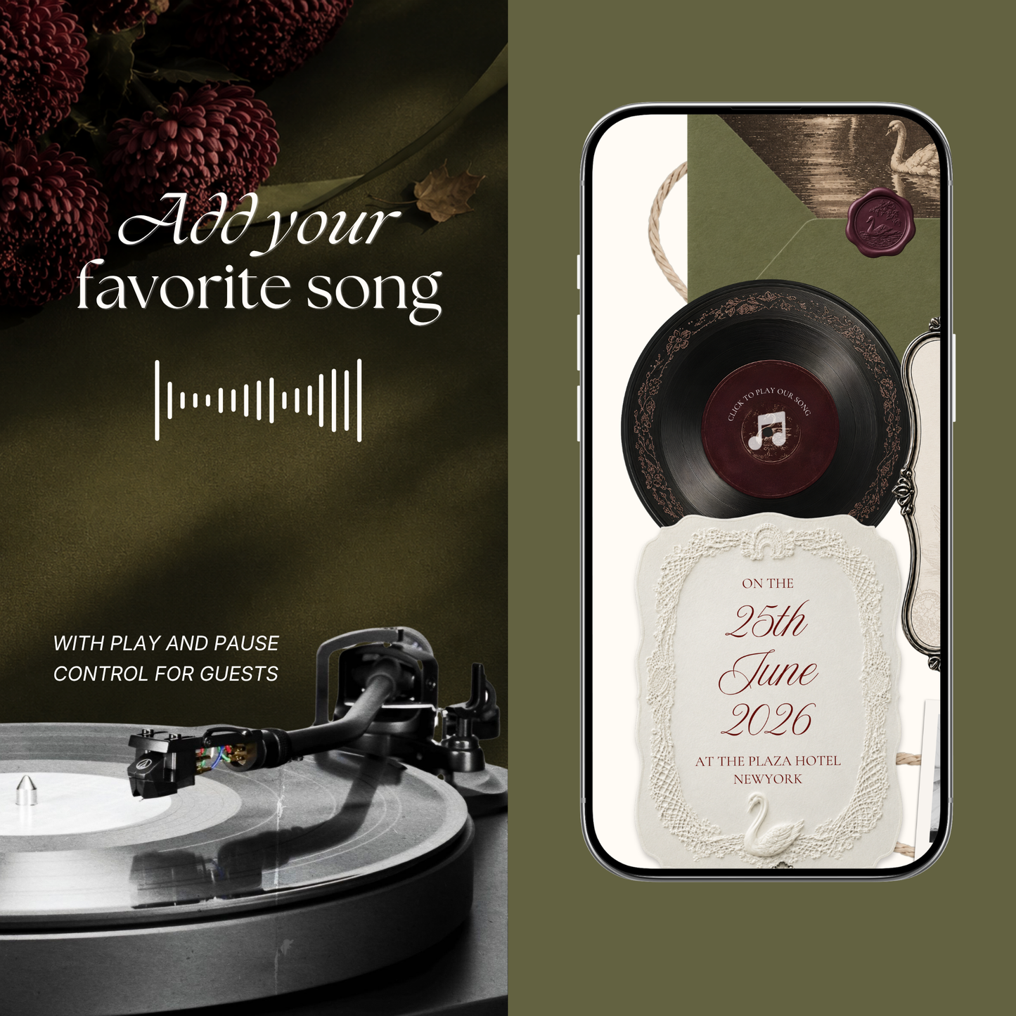 Olive Green & Burgundy Floral Wedding Website Template | Digital Editable Website with RSVP, Music and Countdown Timer | Instant Download