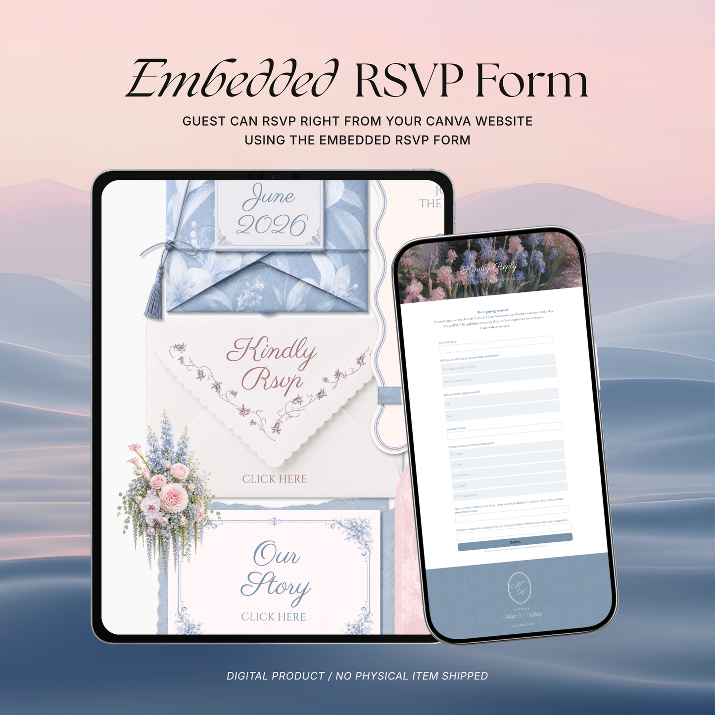 Blush Pink & Blue Floral Wedding Website Template with RSVP, Music and Countdown Timer: Digital Wedding Template (Digital Download)