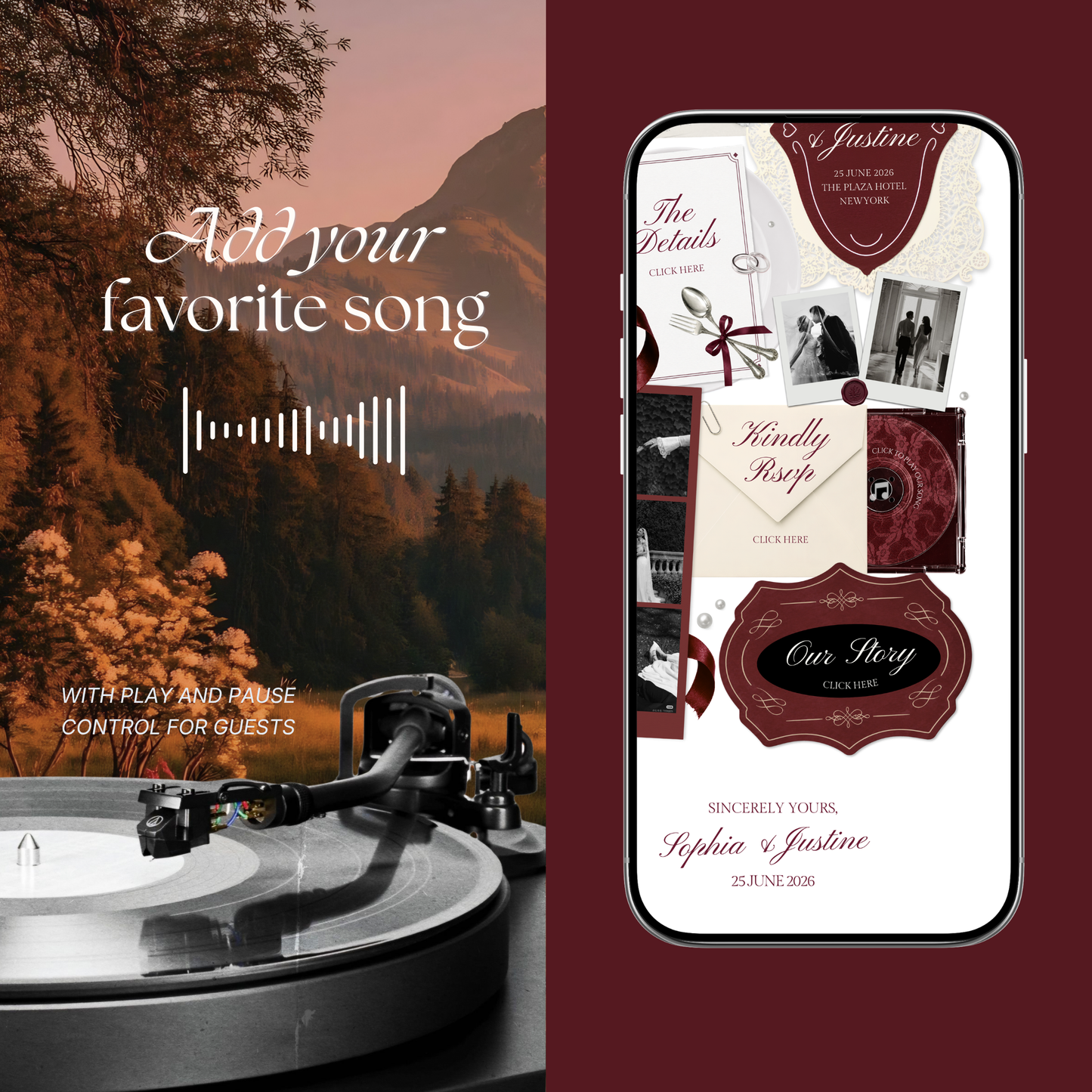 Burgundy & Ivory Wedding Website Template | Digital Wedding Invitation with RSVP, Music and Countdown Timer | Instant Download