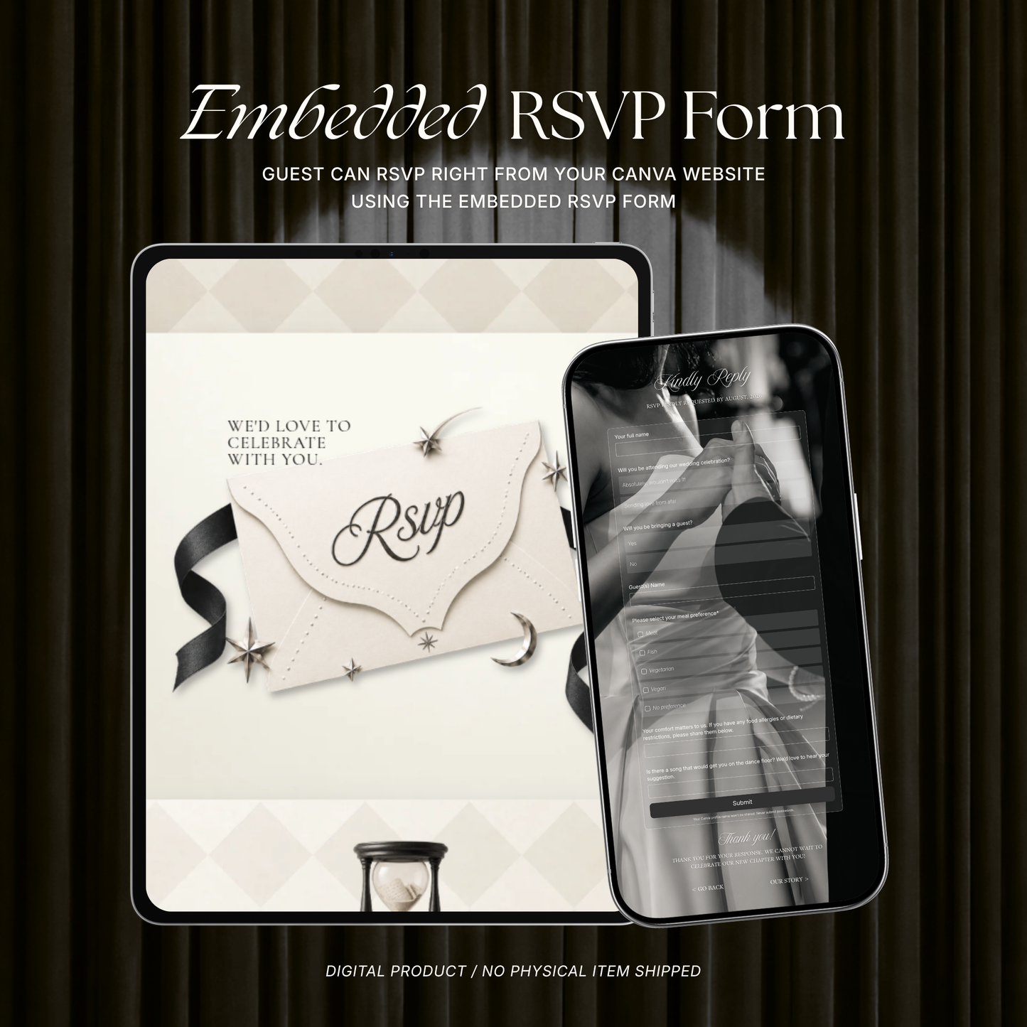 Ivory Photo Booth Wedding Website Template | Modern Wedding Invitation with RSVP, Music and Countdown Timer | Instant Download