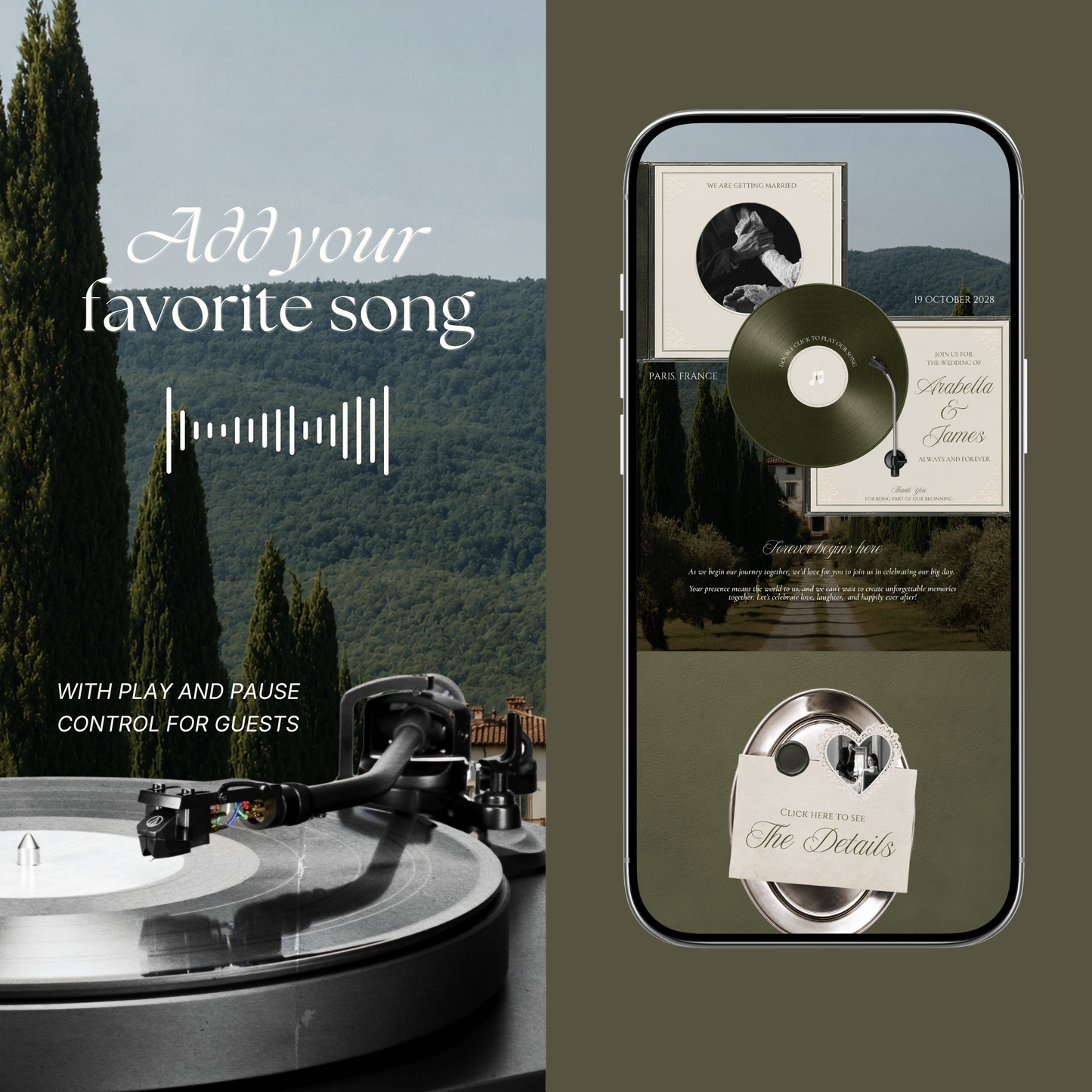 Olive Green Minimal Wedding Website Template with RSVP, Music and Countdown Timer: Digital Wedding Template (Digital Download)