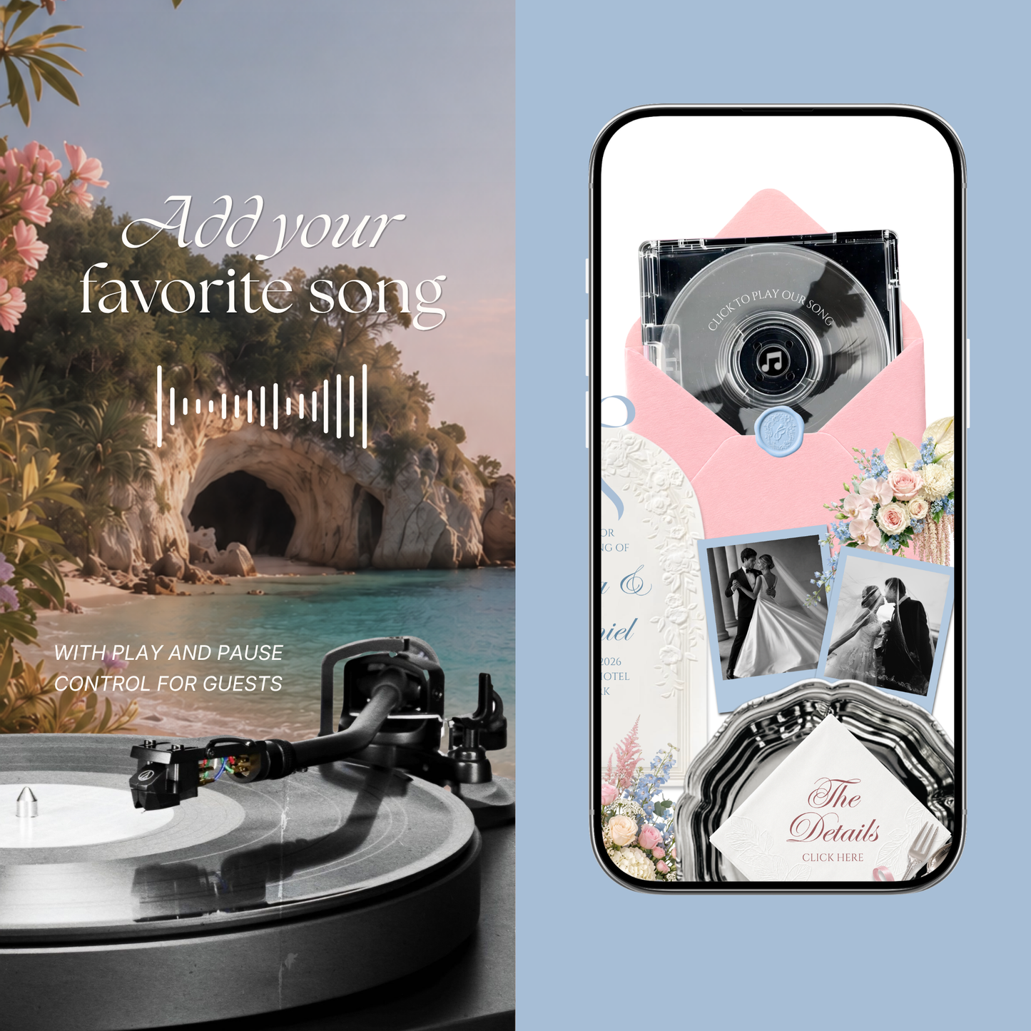 Blush Pink & Blue Wedding Website Template with RSVP, Music and Countdown | Floral Classic Envelope Digital Invitation (Instant Download)