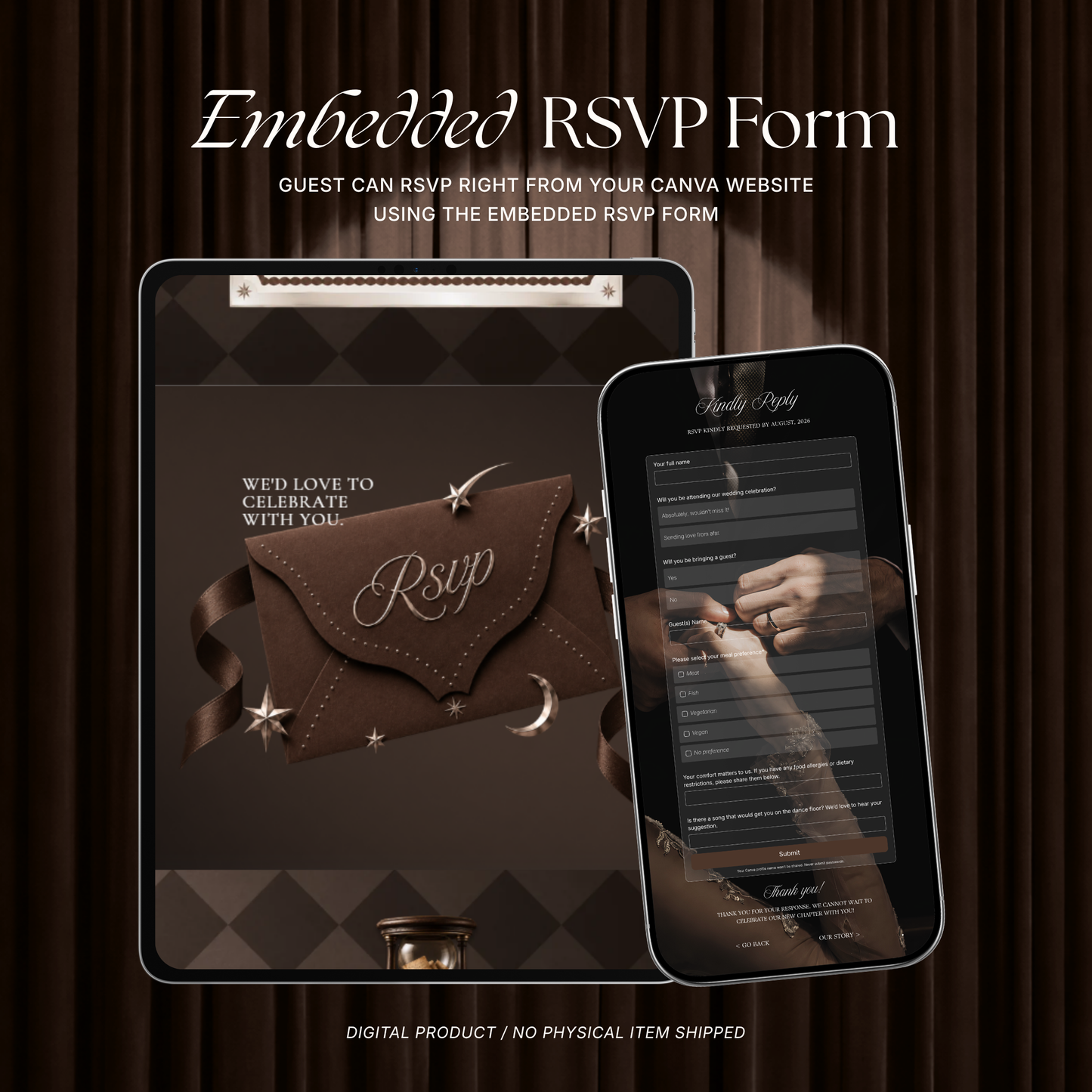 Brown Photo Booth Wedding Website Template | Modern Wedding Invitation with RSVP, Music and Countdown Timer | Instant Download