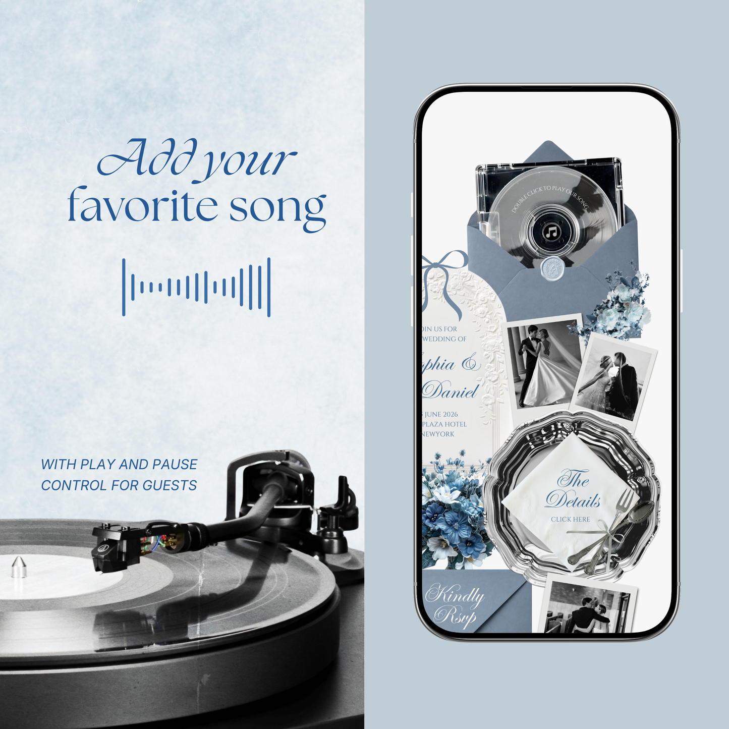 Dusty Blue Floral Wedding Website Template with RSVP, Music and Countdown Timer: Canva Editable Template (Digital Download)