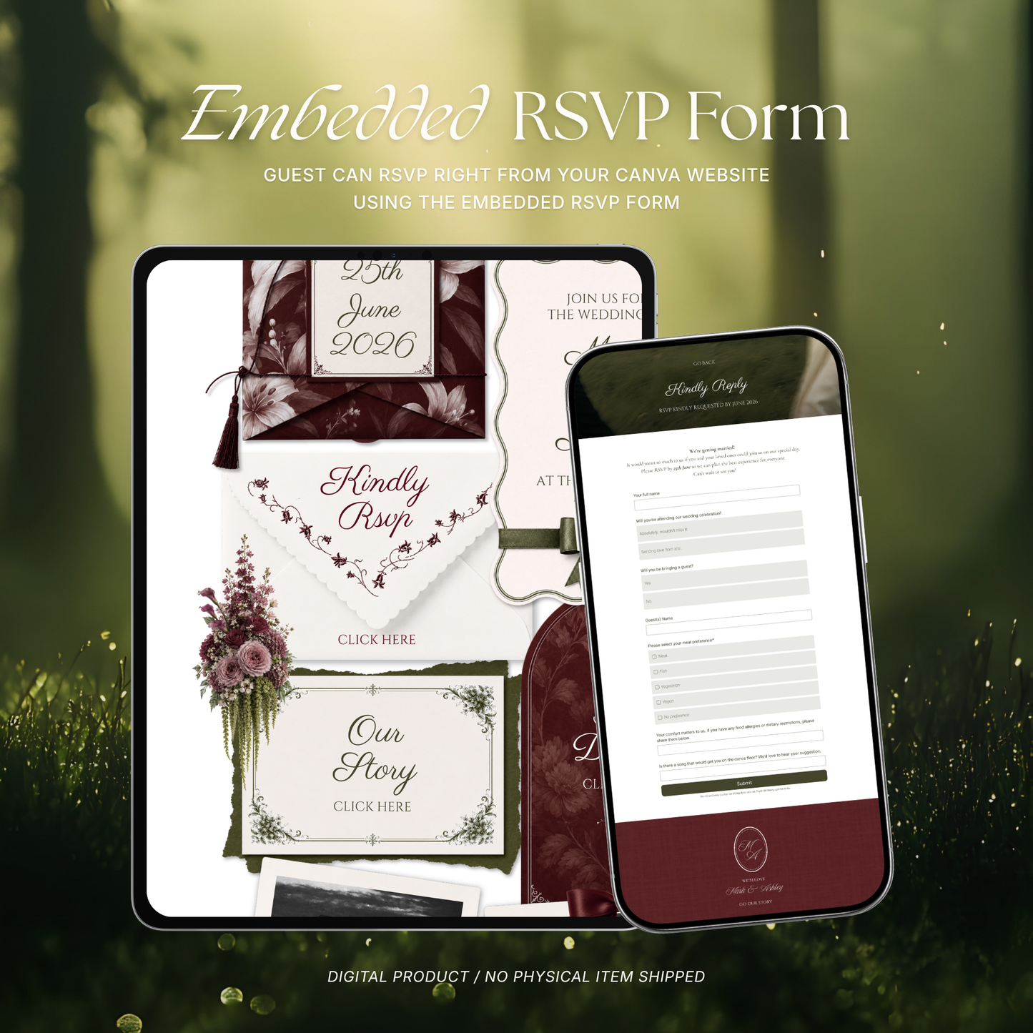 Olive Green & Burgundy Floral Wedding Website Template | Wedding Invitation with RSVP, Music and Countdown Timer | Instant Download