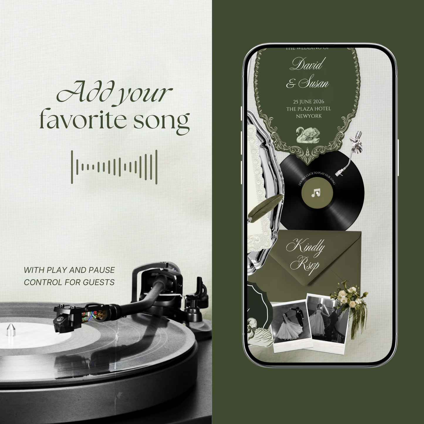 Olive Green Vintage Wedding Website Template with RSVP, Music and Countdown Timer: Canva Editable Template (Digital Download)