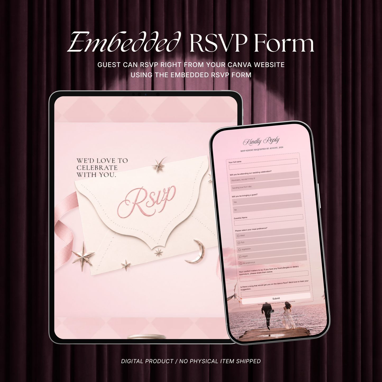 Blush Pink Photo Booth Wedding Website Template | Modern Wedding Invitation with RSVP, Music and Countdown Timer | Instant Download