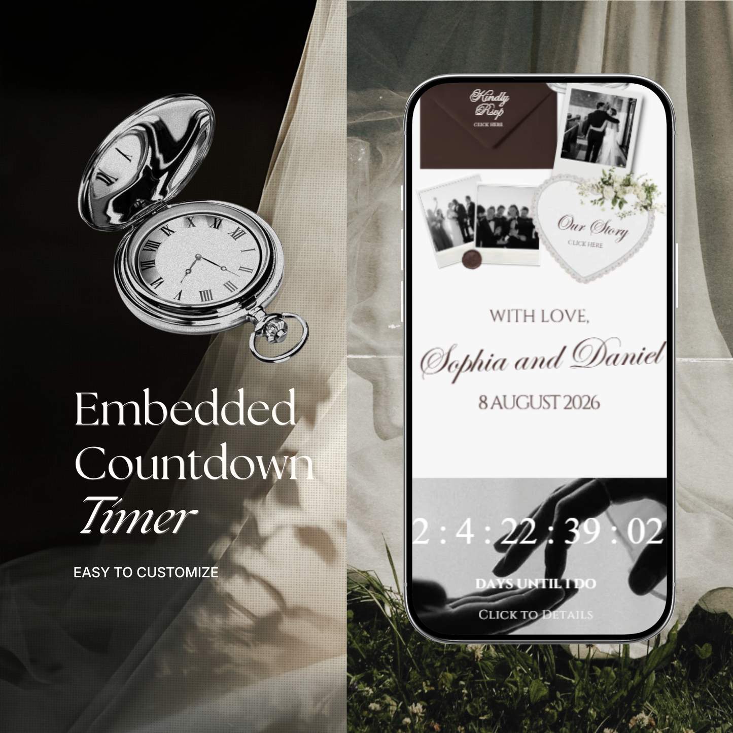 Brown & Ivory Floral Wedding Website Template with RSVP, Music and Countdown Timer: Editable Canva Website (Digital Download)