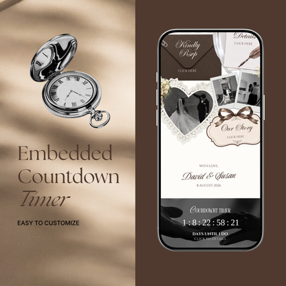 Brown & Ivory Wedding Website Template with RSVP, Music and Countdown Timer: Classic Floral Envelope Digital Invitation (Digital Download)
