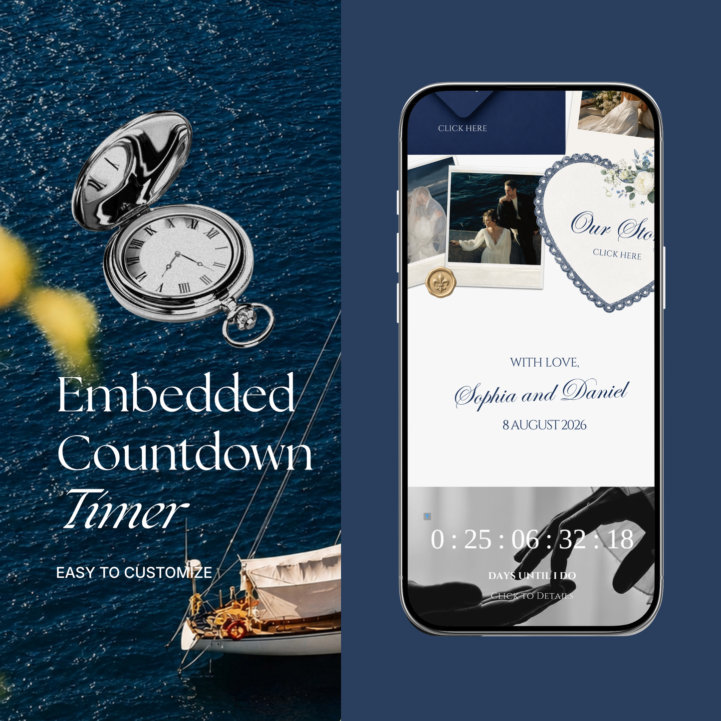 Navy & Dusty Blue Wedding Website Template | Editable Invitation with RSVP, Music and Countdown Timer (Digital Download)