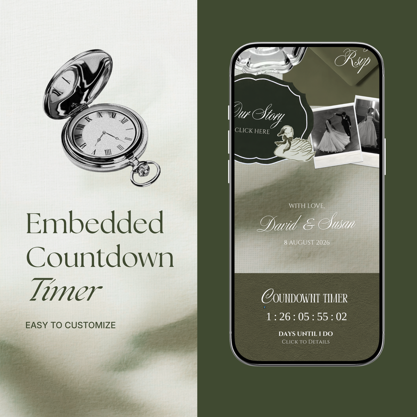 Olive Green Vintage Wedding Website Template with RSVP, Music and Countdown Timer: Canva Editable Template (Digital Download)