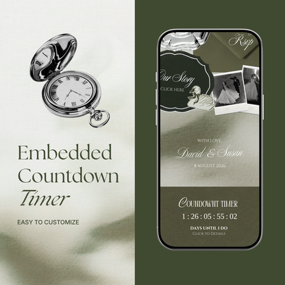 Olive Green Vintage Wedding Website Template with RSVP, Music and Countdown Timer: Canva Editable Template (Digital Download)
