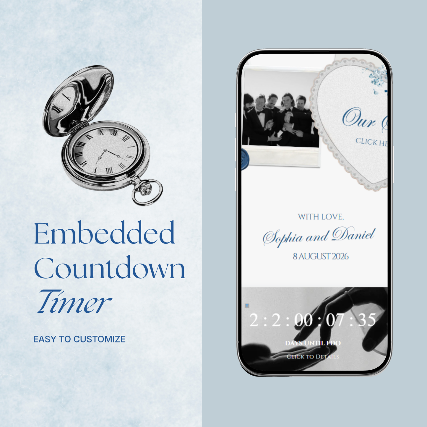 Dusty Blue Floral Wedding Website Template with RSVP, Music and Countdown Timer: Canva Editable Template (Digital Download)