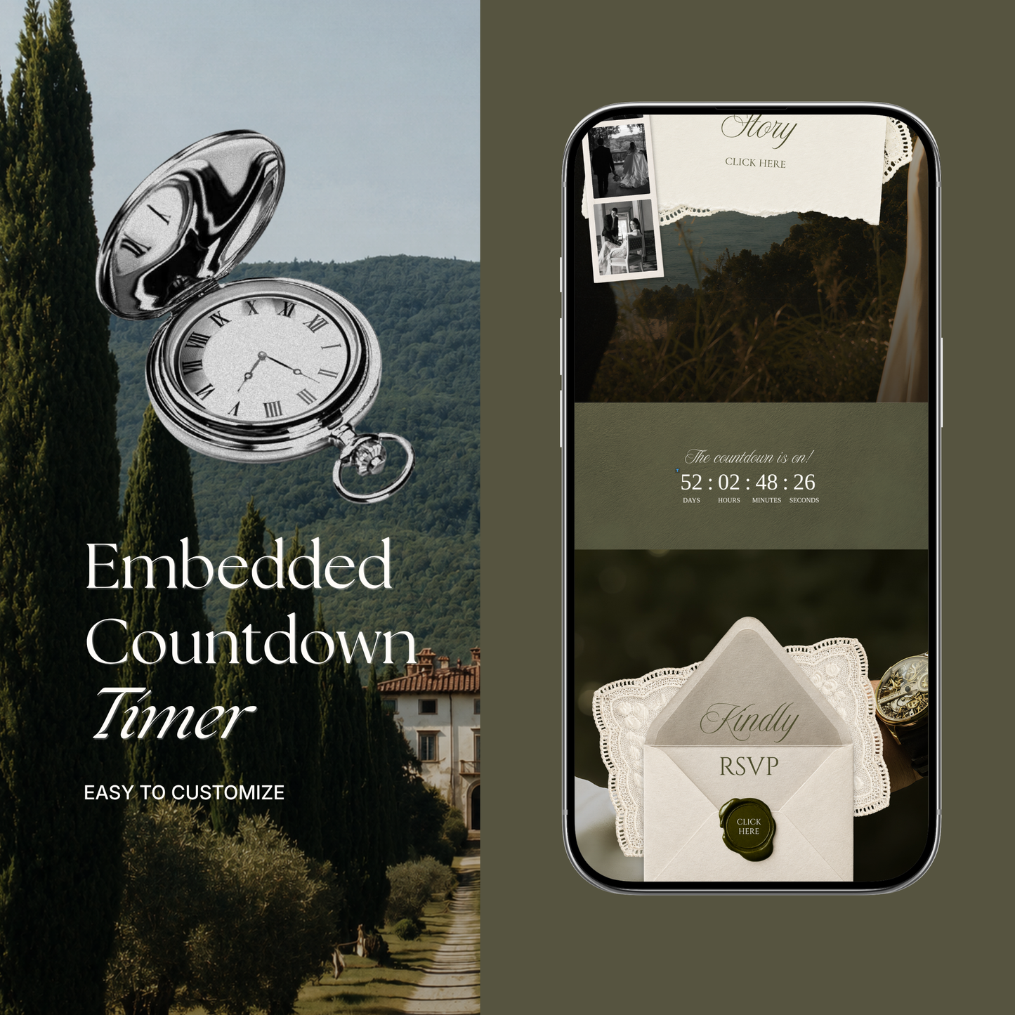 Olive Green Minimal Wedding Website Template with RSVP, Music and Countdown Timer: Digital Wedding Template (Digital Download)