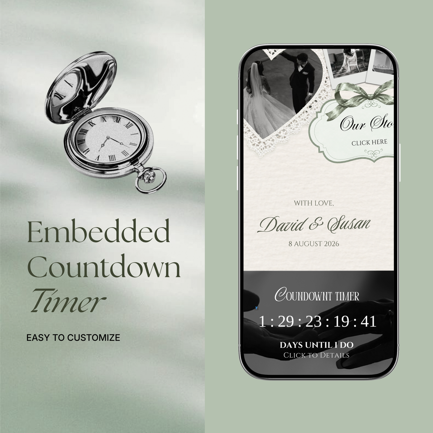 Sage Green Ivory Floral Wedding Website Template with RSVP, Music and Countdown Timer: Canva Editable Template (Digital Download)