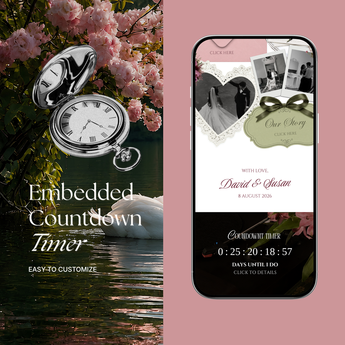 Pink, Burgundy & Green Floral Wedding Website Template with RSVP, Music and Countdown | Editable Digital Canva Design (Digital Download)