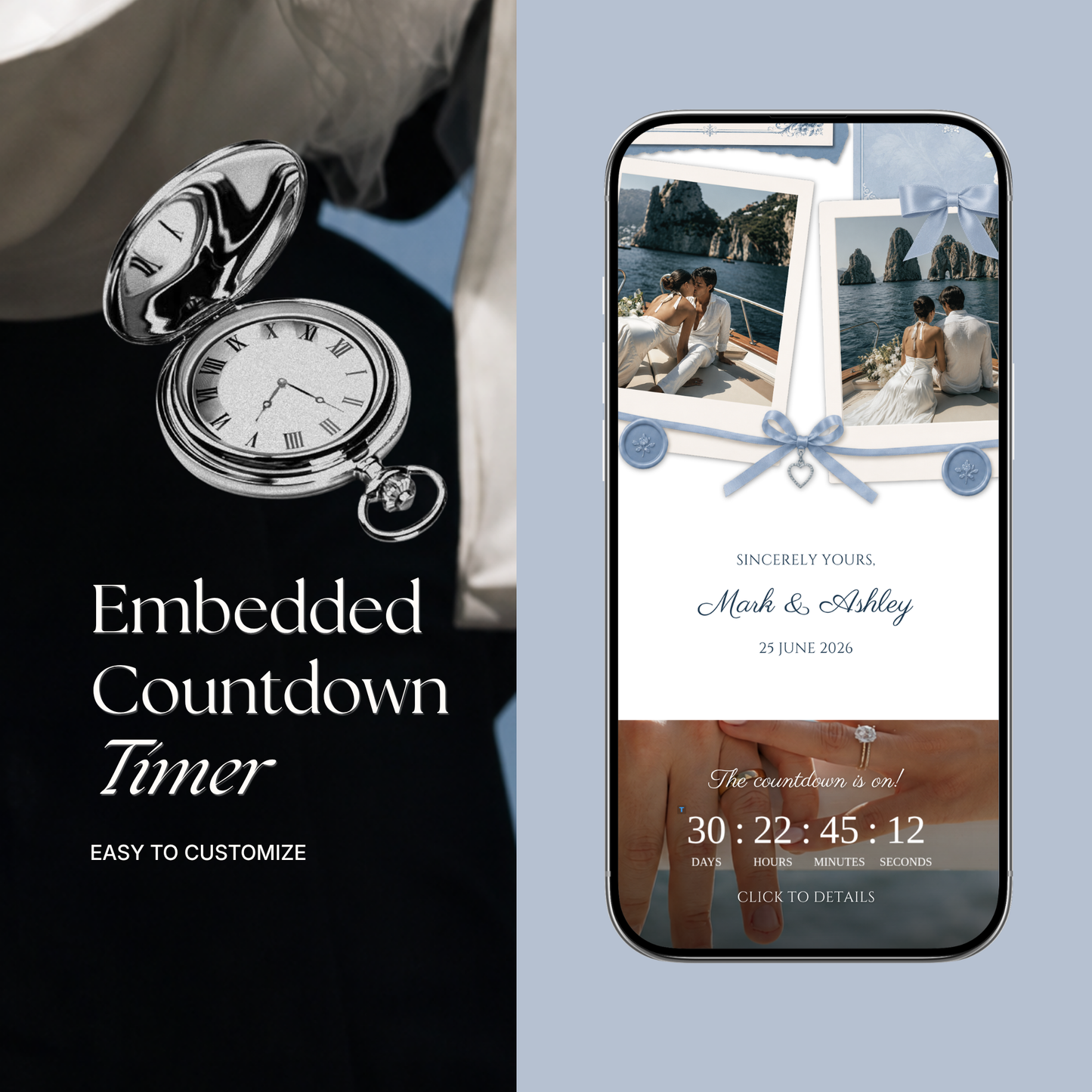 Dusty Blue Floral Wedding Website Template | Digital Wedding Invitation with RSVP, Music and Countdown Timer | Instant Download