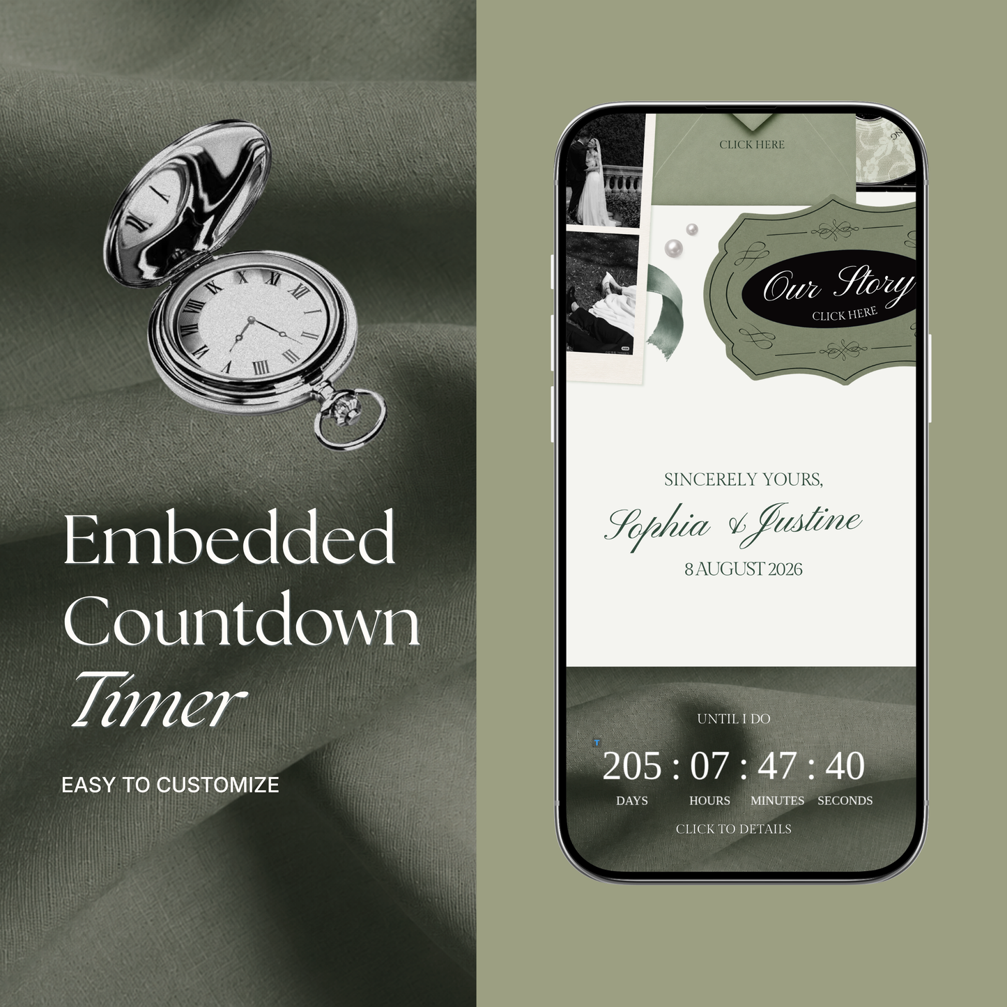 White & Sage Green Classic Wedding Website Template with RSVP, Music and Countdown Timer: Editable Canva Website (Digital Download)