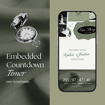 White & Sage Green Classic Wedding Website Template with RSVP, Music and Countdown Timer: Editable Canva Website (Digital Download)