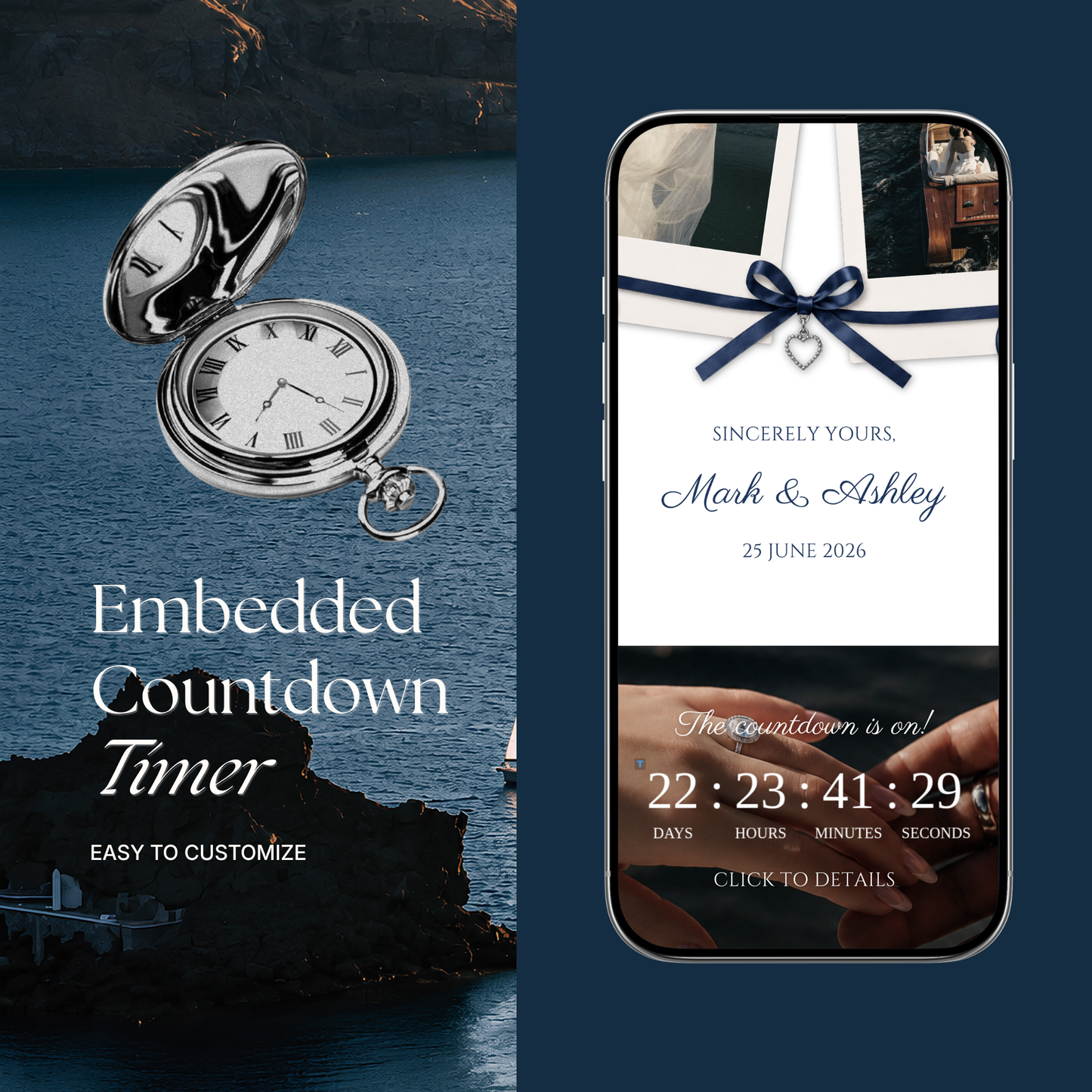Navy & Dusty Blue Wedding Website Template with RSVP, Music and Countdown Timer | Digital Wedding Template (Digital Download)