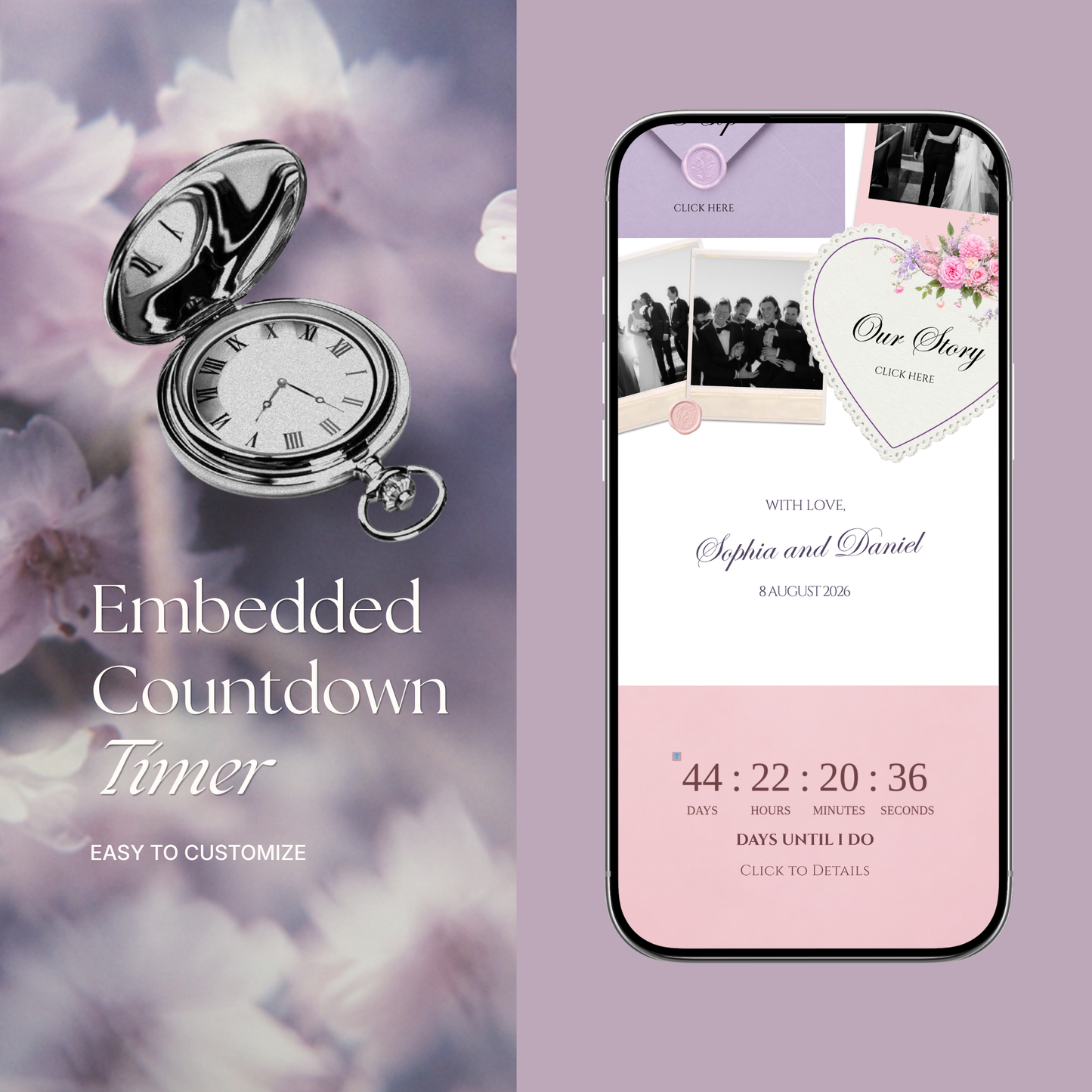 Pink Lilac Pastel Floral Wedding Website Template Canva | Digital Invitation with RSVP , Music and Countdown Timer | Instant Download