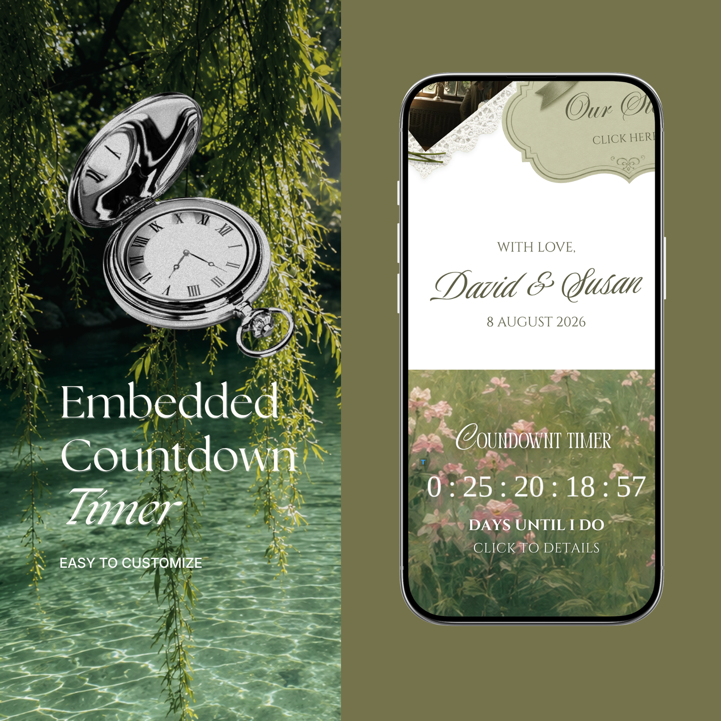 Pink & Green Floral Wedding Website Template with RSVP, Music and Countdown Timer | Wedding Invites (Digital Download)