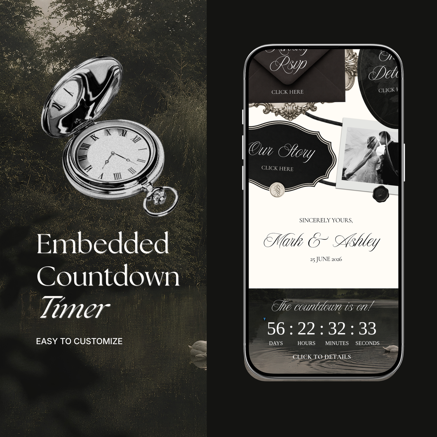 Old Money Wedding Website Template with RSVP, Music and Countdown Timer: Classic Lace Digital Invitation