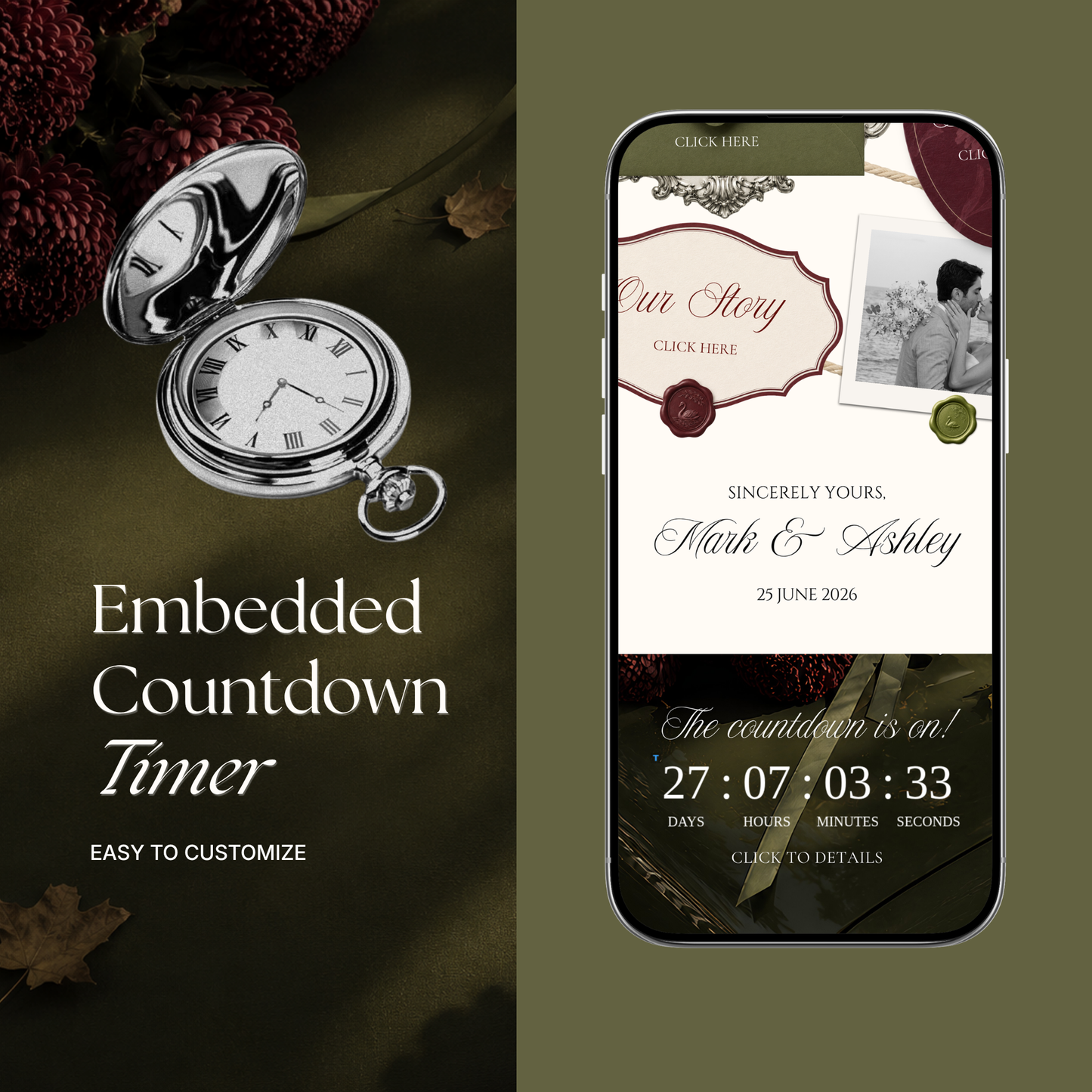 Olive Green & Burgundy Floral Wedding Website Template | Digital Editable Website with RSVP, Music and Countdown Timer | Instant Download