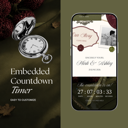 Olive Green & Burgundy Floral Wedding Website Template | Digital Editable Website with RSVP, Music and Countdown Timer | Instant Download