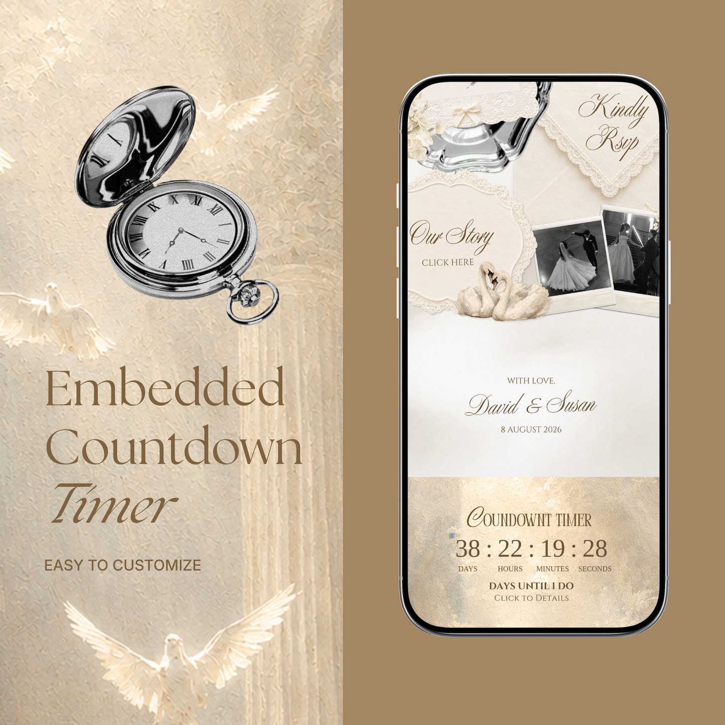Ivory Wedding Website Template Canva | Old Money Vintage Digital Invitation with RSVP, Music and Countdown Timer | Instant Download