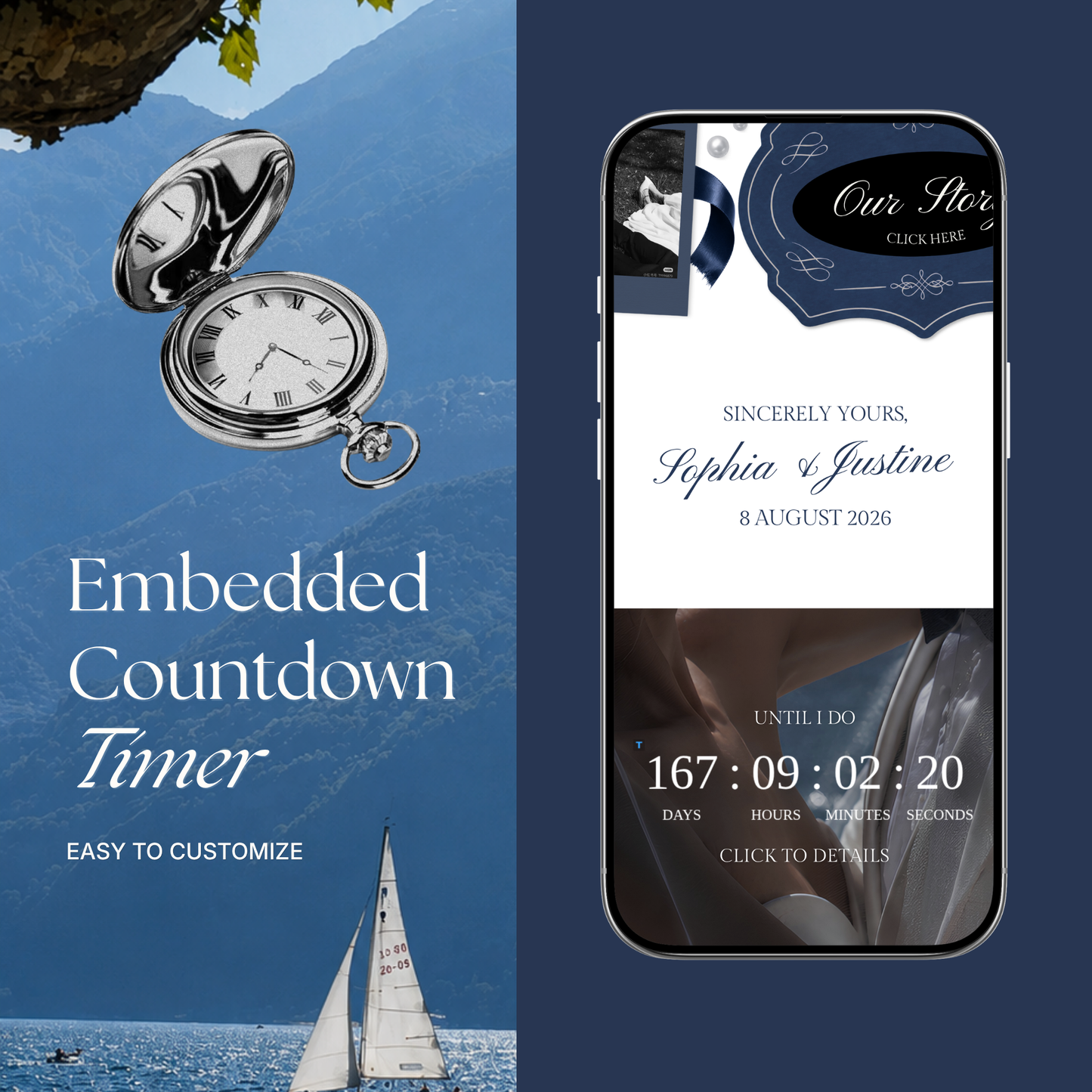 Navy & Dusty Blue Wedding Website Template with RSVP, Music and Countdown Timer: Digital Editable Canva Website (Digital Download)