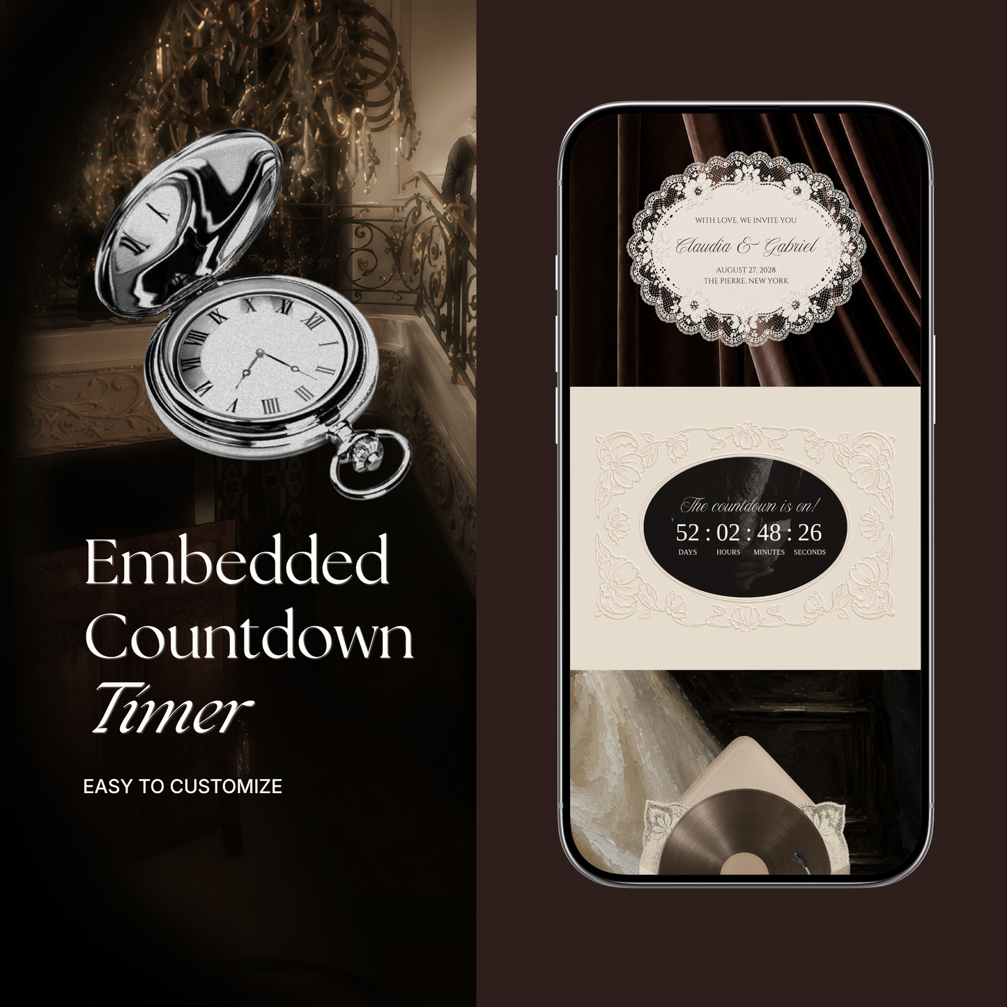 Old Money Wedding Website Template with RSVP, Music and Countdown Timer | Ivory & Brown Digital Wedding Invitation | Instant Download