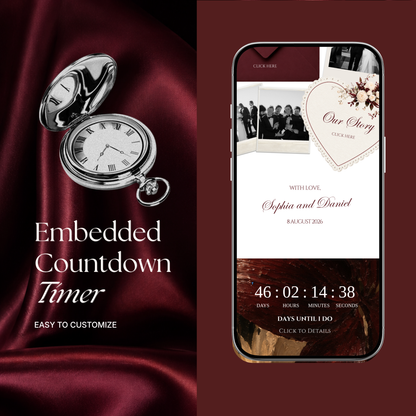 Burgundy & Ivory Wedding Website Template | Vintage Digital Invitation with RSVP, Music and Countdown Timer (Digital Download)