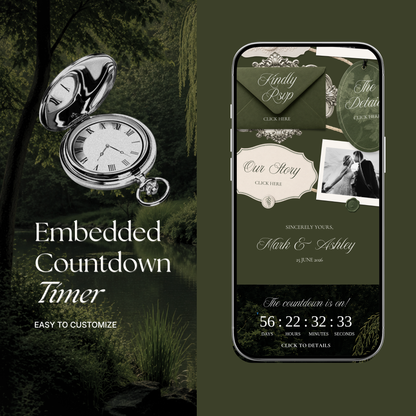 Olive Old Money Wedding Website Template with RSVP, Music and Countdown Timer: Editable Canva Website (Digital Download)