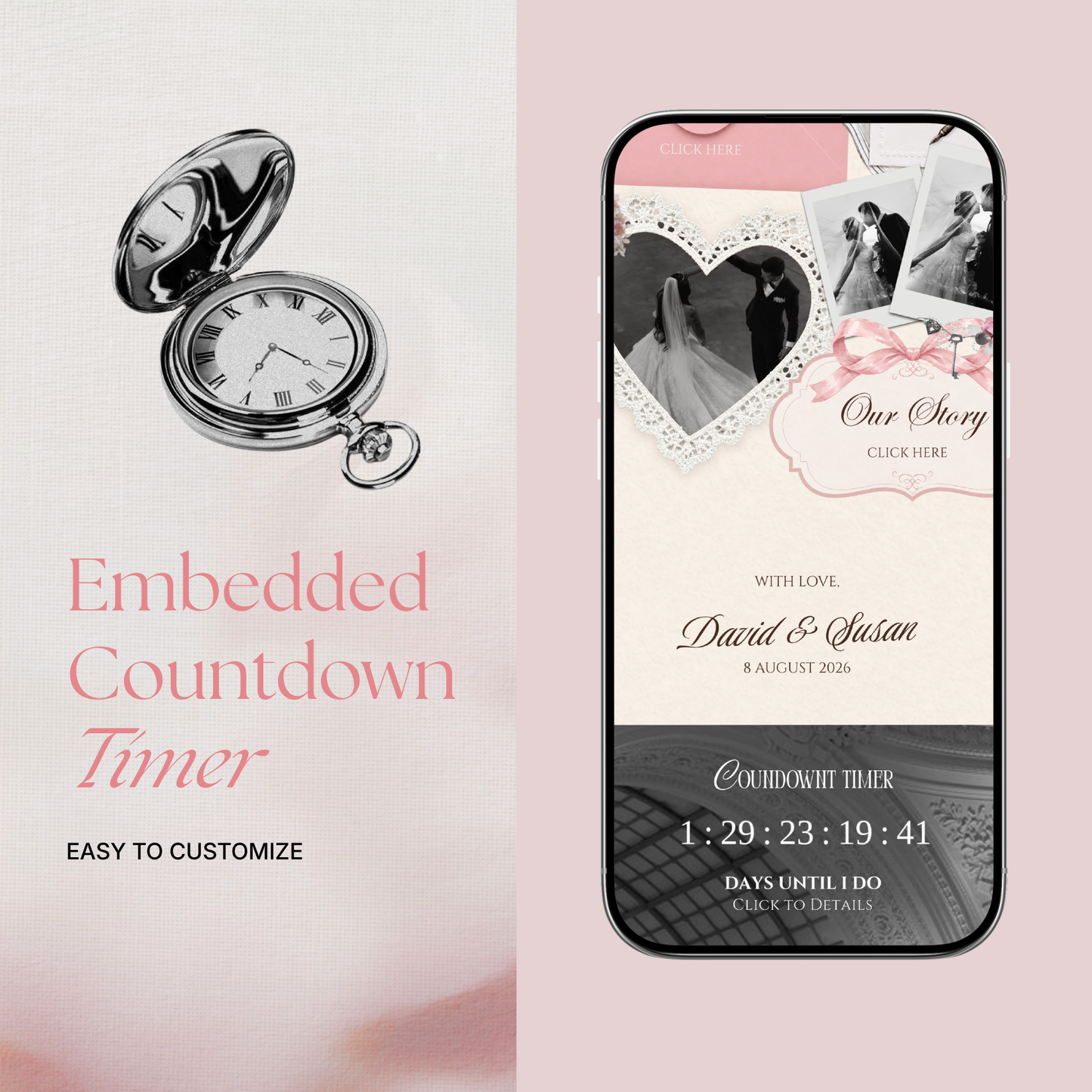 Pink & Ivory Floral Wedding Website Template with RSVP, Music and Countdown Timer: Wedding Invitations (Digital Download)