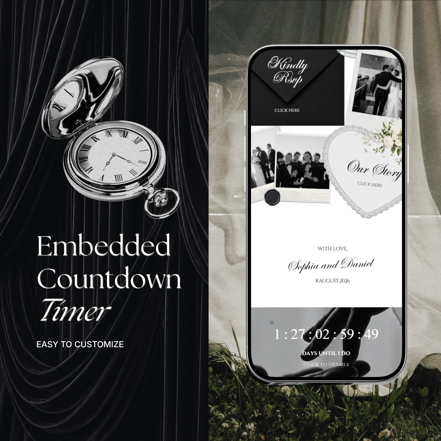 White Black Floral Wedding Website Template with RSVP, Music and Countdown Timer: Digital Wedding Template (Digital Download)