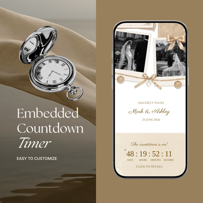Floral Vintage Wedding Website Template | Champagne Beige Digital Wedding Invitation with RSVP, Music and Countdown Timer | Instant Download