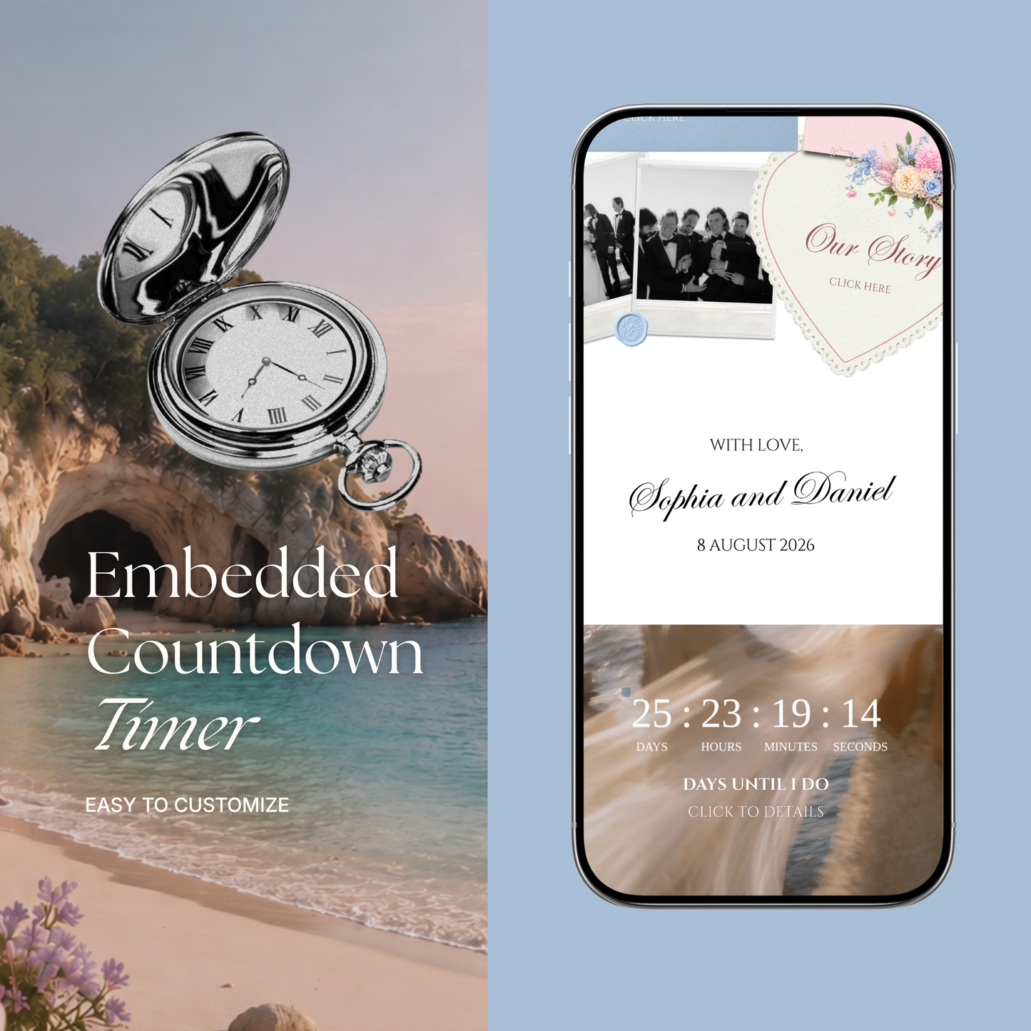 Blush Pink & Blue Wedding Website Template with RSVP, Music and Countdown | Floral Classic Envelope Digital Invitation (Instant Download)