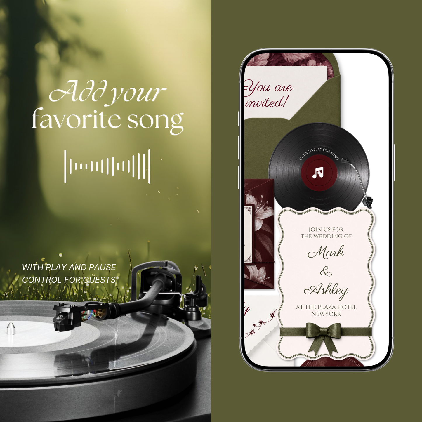 Olive Green & Burgundy Floral Wedding Website Template | Wedding Invitation with RSVP, Music and Countdown Timer | Instant Download