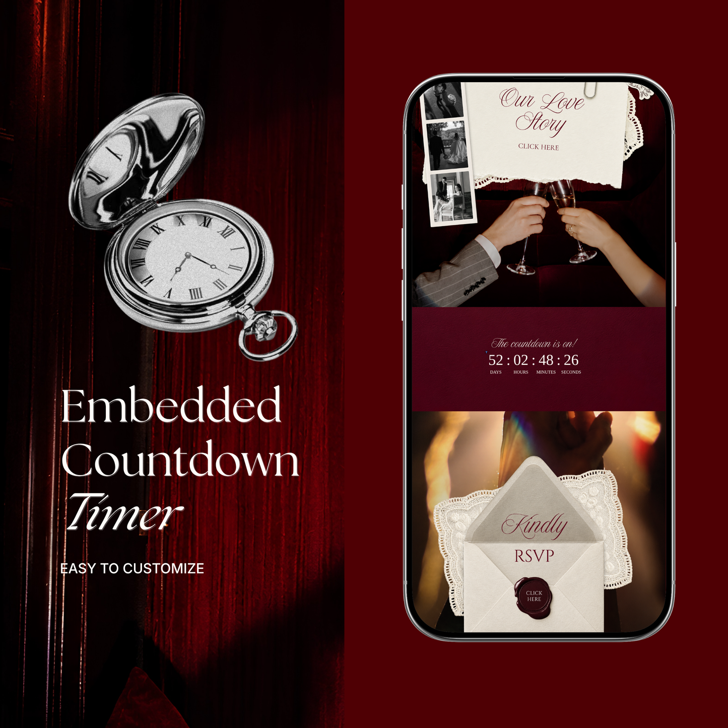 Burgundy & Ivory Wedding Website Template with RSVP, Music and Countdown Timer: Digital Wedding Template (Digital Download)