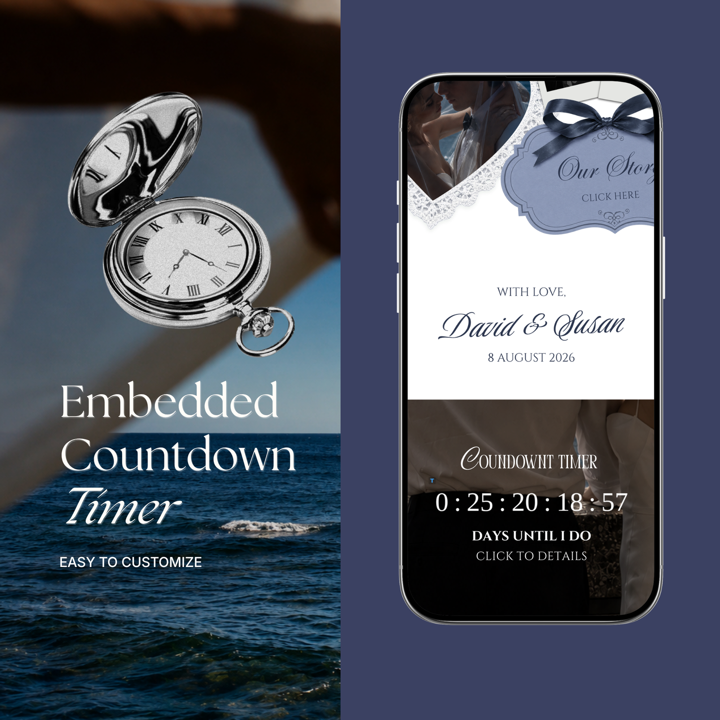 Navy & Dusty Blue Wedding Website Template with RSVP, Music and Countdown Timer: Canva Editable Template (Instant Download)